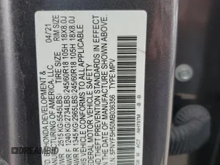 2021 Honda Pilot EX-L z VIN 5FNYF5H50MB036356, wystawiony jako Copart lot #56970145 z przebiegiem 77 625 mil mil oraz Szkoda całkowita • Salvage title. Historia ofert i sprzedaży dostępna na DreamBid. Obrazek 13.