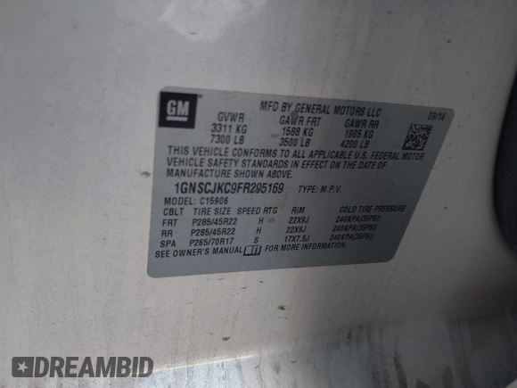 2015 Chevrolet Suburban LT with VIN 1GNSCJKC9FR295169, listed as a IAAI auction lot 42374760 with Not provided miles and . Bid and sale history available at DreamBid. Image 9.