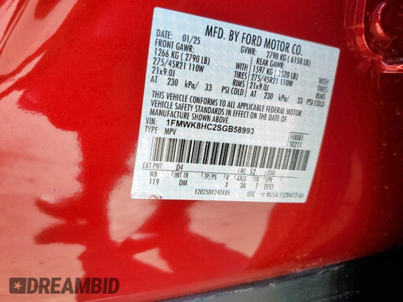 2025 Ford Explorer Platinum with VIN 1FMWK8HC2SGB58993, listed as a Copart auction lot 58005875 with 4,917 mi miles and Salvage title. Bid and sale history available at DreamBid. Image 13.