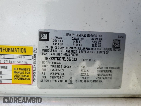 2014 GMC Acadia Denali with VIN 1GKKRTKD7EJ307333, listed as a Copart auction lot 49656815 with 184,523 mi miles and Salvage Title. Bid and sale history available at carsss.com. Image 14.