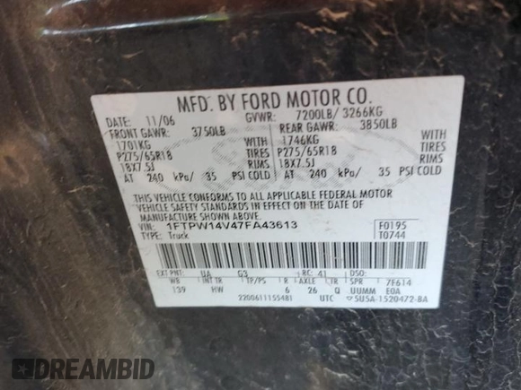2007 Ford F-150 XLT with VIN 1FTPW14V47FA43613, listed as a Copart auction lot 53312425 with 198,139 mi miles and Salvage Title. Bid and sale history available at DreamBid. Image 12.