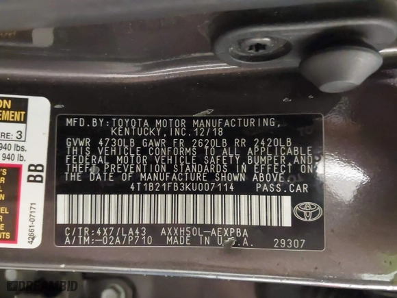 2019 Toyota Avalon Hybrid Limited with VIN 4T1B21FB3KU007114, listed as a IAAI auction lot 41658316 with 127,785 mi miles. Bid and sale history available at carsss.com. Image 9.