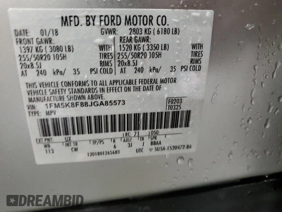 2018 Ford Explorer Limited с VIN 1FM5K8F88JGA85573, выставлен на аукционе Copart как лот 86690844 с пробегом 64 644 миль миль и Списание • Salvage title. История ставок и продаж доступна на DreamBid. Изображение 14.