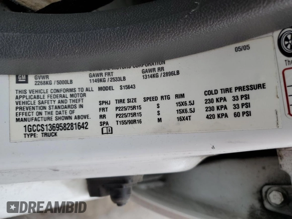 2005 Chevrolet Colorado 1SB LS Z85 with VIN 1GCCS136958281642, listed as a Copart auction lot 79922344 with 178,777 mi miles and Salvage Title. Bid and sale history available at carsss.com. Image 14.