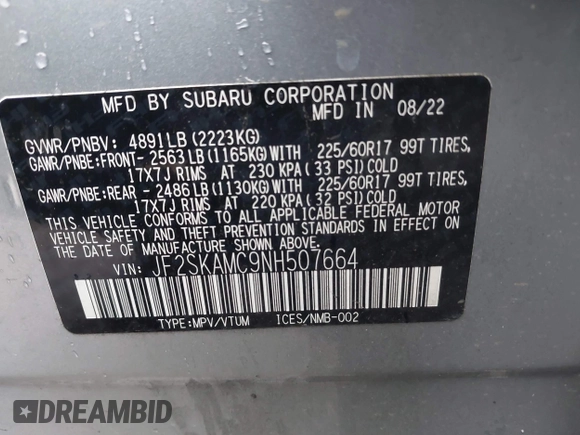 2022 Subaru Forester Wilderness with VIN JF2SKAMC9NH507664, listed as a IAAI auction lot 41762752 with 109,886 mi miles and . Bid and sale history available at DreamBid. Image 9.