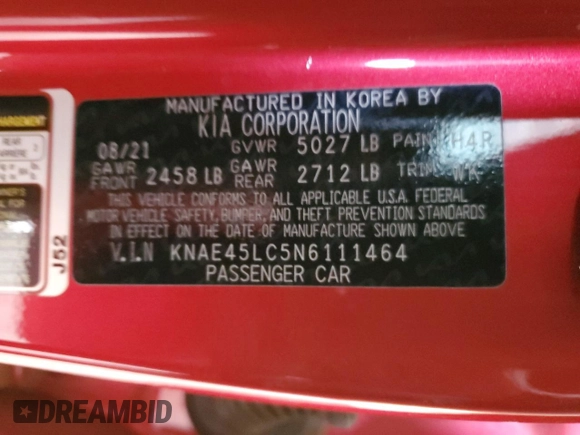 2022 Kia Stinger GT1 with VIN KNAE45LC5N6111464, listed as a Copart auction lot 86928064 with 20,594 mi miles and Salvage Title. Bid and sale history available at DreamBid. Image 14.