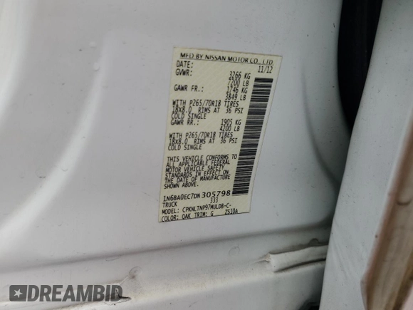 2013 Nissan Titan SV with VIN 1N6BA0EC7DN305798, listed as a Copart auction lot 80024134 with 276,659 mi miles and Salvage title. Bid and sale history available at DreamBid. Image 14.