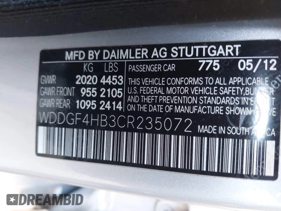 2012 Mercedes-Benz C 250 Sport with VIN WDDGF4HB3CR235072, listed as a IAAI auction lot 42442185 with Not provided miles and . Bid and sale history available at DreamBid. Image 9.