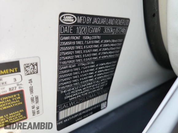 2021 Land Rover Range Rover Sport SE with VIN SALWG2SU2MA763387, listed as a Copart auction lot 61204995 with 67,425 mi miles and Salvage title. Bid and sale history available at DreamBid. Image 13.