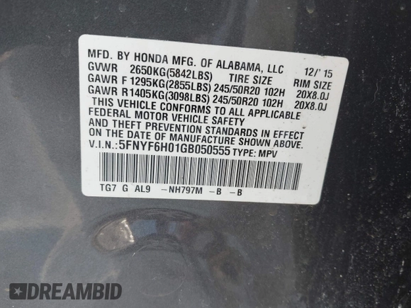 2016 Honda Pilot Elite with VIN 5FNYF6H01GB050555, listed as a IAAI auction lot 41670197 with 140,000 mi miles. Bid and sale history available at carsss.com. Image 9.