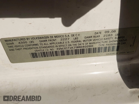2009 Volkswagen Jetta S с VIN 3VWJZ71K79M040280, выставлен на аукционе IAAI как лот 42328383 с пробегом 160 072 миль миль и . История ставок и продаж доступна на DreamBid. Изображение 9.