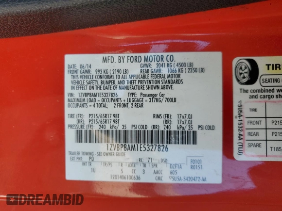 2014 Ford Mustang V6 with VIN 1ZVBP8AM1E5327826, listed as a Copart auction lot 57093825 with 158,268 mi miles and Salvage title. Bid and sale history available at DreamBid. Image 12.