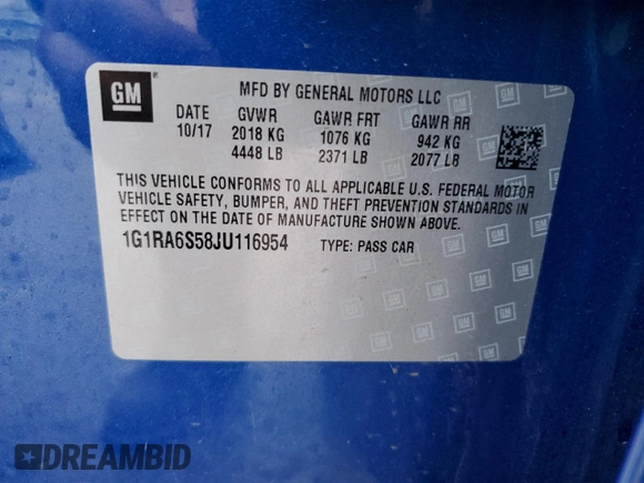 2018 Chevrolet Volt LT with VIN 1G1RA6S58JU116954, listed as a Copart auction lot 37760593 with 39,118 mi miles. Bid and sale history available at carsss.com. Image 13.