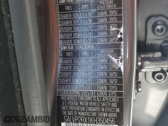 2019 Land Rover Range Rover Evoque SE с VIN SALVP2RX1KH350456, выставлен на аукционе Copart как лот 61199005 с пробегом 63 893 миль миль и Чистый • Clean title. История ставок и продаж доступна на DreamBid. Изображение 13.
