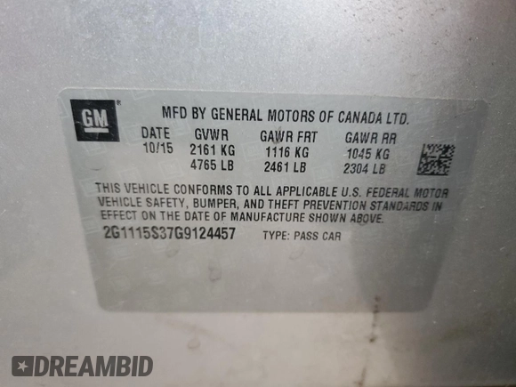 2016 Chevrolet Impala LT with VIN 2G1115S37G9124457, listed as a Copart auction lot 53781545 with 163,938 mi miles and Salvage Title. Bid and sale history available at DreamBid. Image 12.