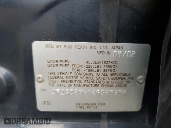 2002 Subaru Impreza WRX с VIN JF1GD29642G529392, выставлен на аукционе Copart как лот 55841065 с пробегом 212 423 миль миль и Списание • Salvage title. История ставок и продаж доступна на DreamBid. Изображение 12.