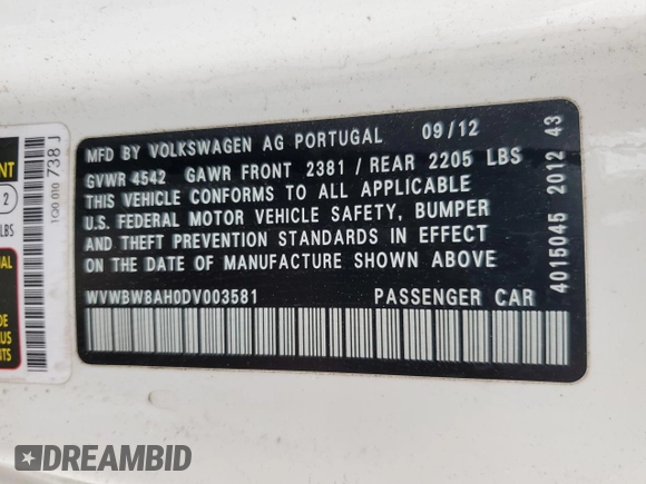 2013 Volkswagen Eos Komfort with VIN WVWBW8AH0DV003581, listed as a Copart auction lot 54498655 with 95,203 mi miles and Salvage Title. Bid and sale history available at DreamBid. Image 13.