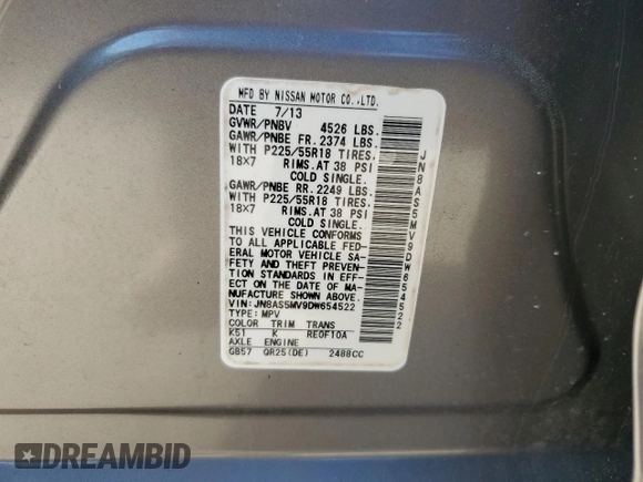 2013 Nissan Rogue SL with VIN JN8AS5MV9DW654522, listed as a Copart auction lot 50503285 with 58,228 mi miles and Salvage Title. Bid and sale history available at DreamBid. Image 13.