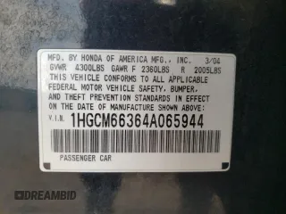 2004 Honda Accord LX z VIN 1HGCM66364A065944, wystawiony jako Copart lot #56249365 z przebiegiem 132 811 mil mil oraz Szkoda całkowita • Salvage title. Historia ofert i sprzedaży dostępna na DreamBid. Obrazek 12.