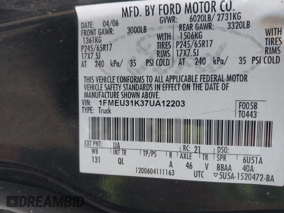 2007 Ford Explorer Sport Trac XLT with VIN 1FMEU31K37UA12203, listed as a IAAI auction lot 42438371 with 194,043 mi miles and . Bid and sale history available at DreamBid. Image 9.