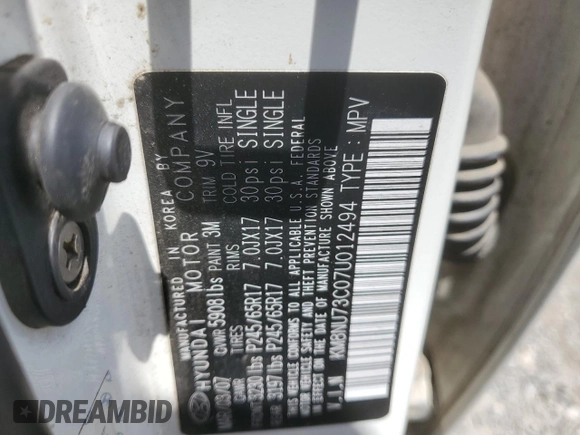 2007 Hyundai Veracruz GLS with VIN KM8NU73C07U012494, listed as a Copart auction lot 58548165 with 148,010 mi miles and Salvage title. Bid and sale history available at DreamBid. Image 13.