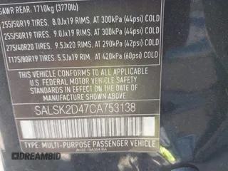 2012 Land Rover Range Rover Sport HSE Lux with VIN SALSK2D47CA753138, listed as a IAAI auction lot 41622749 with 142,021 mi miles and . Bid and sale history available at DreamBid. Image 9.