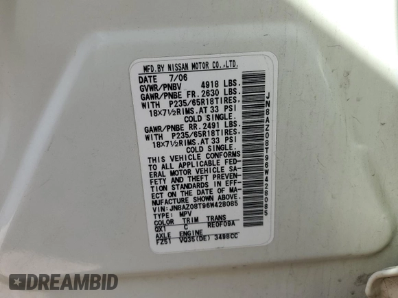 2006 Nissan Murano S with VIN JN8AZ08T96W428085, listed as a Copart auction lot 74127114 with 260,577 mi miles and Salvage Title. Bid and sale history available at carsss.com. Image 12.