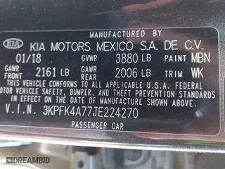 2018 Kia Forte LX with VIN 3KPFK4A77JE224270, listed as a IAAI auction lot 41801085 with 41,474 mi miles. Bid and sale history available at carsss.com. Image 9.