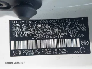 2015 Toyota Prius Four with VIN JTDKN3DU2F0424586, listed as a IAAI auction lot 42502544 with 281,407 mi miles and . Bid and sale history available at DreamBid. Image 9.