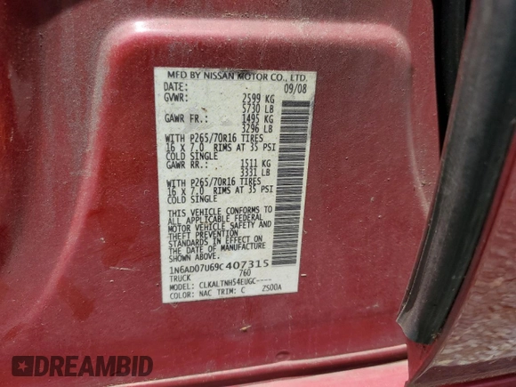 2009 Nissan Frontier SE z VIN 1N6AD07U69C407315, wystawiony jako Copart lot #60830025 z przebiegiem 291 242 mil mil oraz Czysty tytuł • Clean title. Historia ofert i sprzedaży dostępna na DreamBid. Obrazek 12.