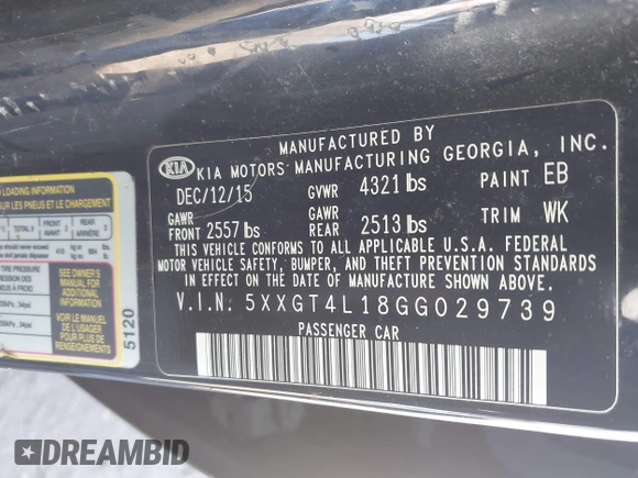 2016 Kia Optima LX Turbo with VIN 5XXGT4L18GG029739, listed as a IAAI auction lot 41496052 with 122,181 mi miles. Bid and sale history available at carsss.com. Image 9.
