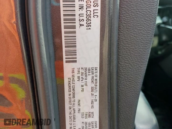 2020 Dodge Durango SXT with VIN 1C4RDHAG0LC356361, listed as a Copart auction lot 60248565 with 122,938 mi miles and Salvage title. Bid and sale history available at DreamBid. Image 13.