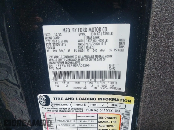 2014 Ford F-150 XL with VIN 1FTFW1EF4EFA05296, listed as a IAAI auction lot 42103783 with 181,151 mi miles and . Bid and sale history available at DreamBid. Image 9.