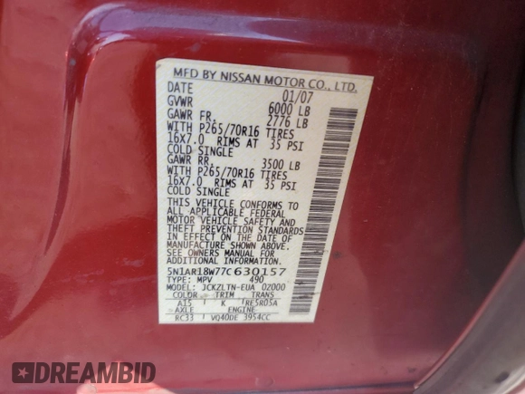 2007 Nissan Pathfinder SE with VIN 5N1AR18W77C630157, listed as a Copart auction lot 69791854 with 186,200 mi miles and Salvage Title. Bid and sale history available at carsss.com. Image 16.