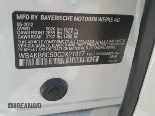 2012 BMW 7 Series 750Li with VIN WBAKB8C50CDX21017, listed as a Copart auction lot 61615935 with 110,600 mi miles and Clean title. Bid and sale history available at DreamBid. Image 12.