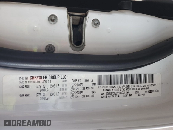 2013 Ram 1500 Tradesman with VIN 1C6RR7KT5DS596561, listed as a Copart auction lot 86749854 with 134,299 mi miles and Salvage Title. Bid and sale history available at carsss.com. Image 12.