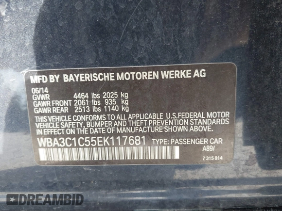 2014 BMW 3 Series 328i with VIN WBA3C1C55EK117681, listed as a IAAI auction lot 41854988 with 1 mi miles. Bid and sale history available at carsss.com. Image 9.