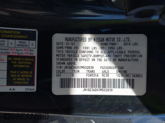 2007 Nissan 350Z Touring with VIN JN1BZ34DX7M502839, listed as a IAAI auction lot 42046017 with 169,376 mi miles. Bid and sale history available at carsss.com. Image 9.