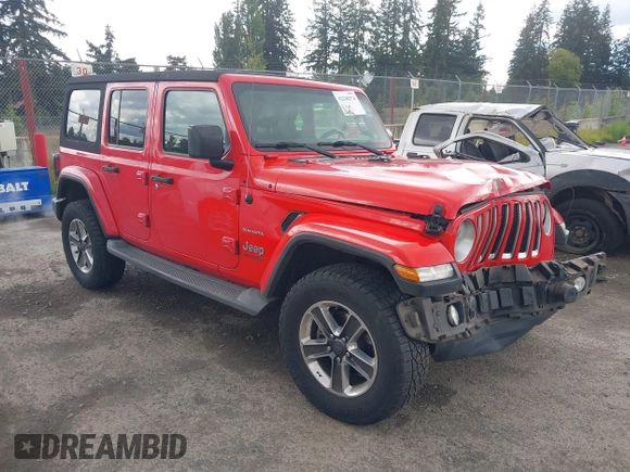 2018 Jeep Wrangler Unlimited Sahara with VIN 1C4HJXEG1JW310817, listed as a IAAI auction lot 42248374 with 64,516 mi miles and . Bid and sale history available at DreamBid. Image 1.
