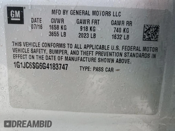 2016 Chevrolet Sonic LT with VIN 1G1JC6SG6G4183747, listed as a Copart auction lot 50846615 with 110,680 mi miles and Clean Title. Bid and sale history available at carsss.com. Image 12.