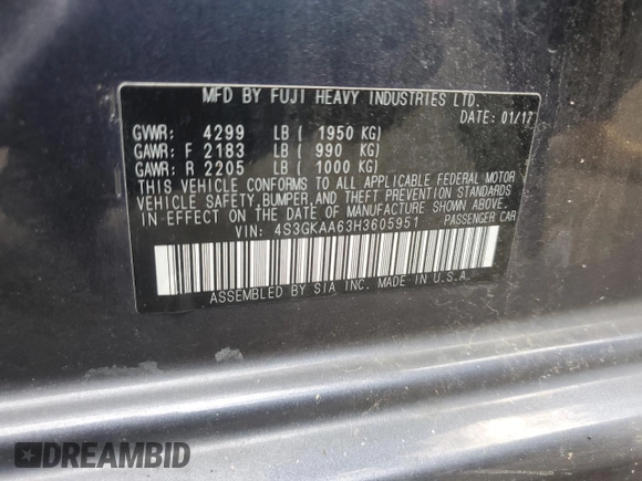2017 Subaru Impreza with VIN 4S3GKAA63H3605951, listed as a Copart auction lot 55962625 with Not provided miles and Salvage title. Bid and sale history available at DreamBid. Image 12.
