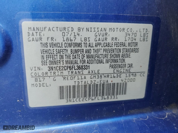 2015 Nissan Versa Note S with VIN 3N1CE2CP6FL368331, listed as a Copart auction lot 50100175 with NaN miles and Salvage Title. Bid and sale history available at carsss.com. Image 12.