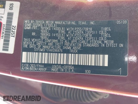 2010 Toyota Tundra z VIN 5TFUW5F17AX096876, wystawiony jako IAAI lot #41583521 z przebiegiem 118 084 mil mil oraz . Historia ofert i sprzedaży dostępna na DreamBid. Obrazek 9.