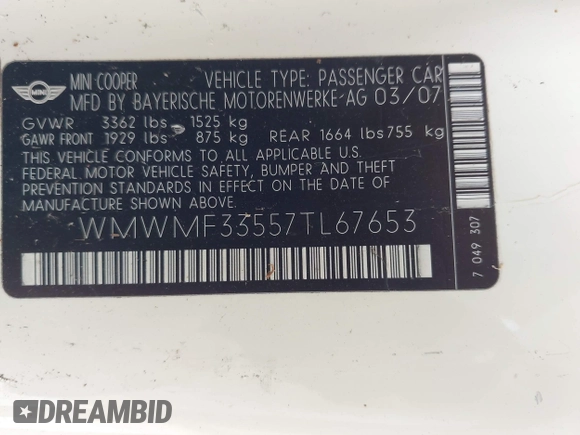 2007 MINI Hardtop with VIN WMWMF33557TL67653, listed as a IAAI auction lot 42581219 with 147,115 mi miles and . Bid and sale history available at DreamBid. Image 9.