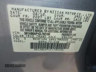 2012 Nissan Sentra SR with VIN 3N1AB6AP1CL782106, listed as a IAAI auction lot 42684354 with 219,600 mi miles and . Bid and sale history available at DreamBid. Image 9.