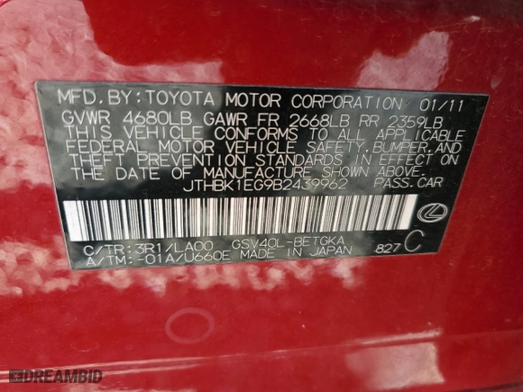 2011 Lexus ES 350 with VIN JTHBK1EG9B2439962, listed as a Copart auction lot 52312355 with 160,947 mi miles and Salvage Title. Bid and sale history available at carsss.com. Image 15.