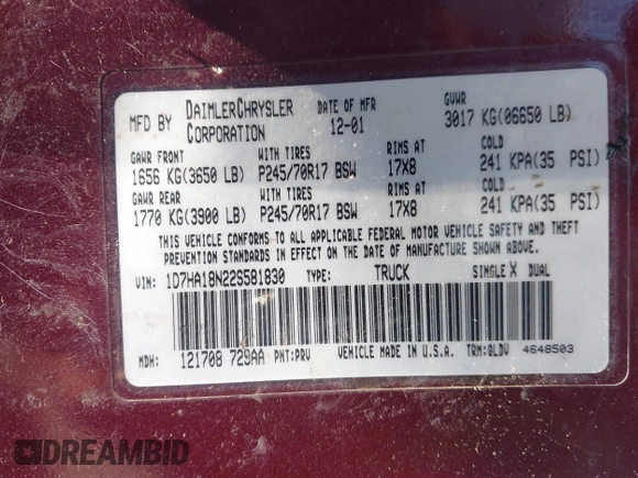 2002 Dodge 1500 with VIN 1D7HA18N22S581830, listed as a IAAI auction lot 41802306 with 266,683 mi miles and . Bid and sale history available at DreamBid. Image 9.