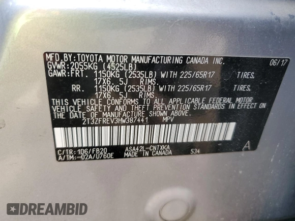 2017 Toyota RAV4 LE with VIN 2T3ZFREV3HW387441, listed as a Copart auction lot 51742245 with 104,823 mi miles and Salvage Title. Bid and sale history available at DreamBid. Image 13.