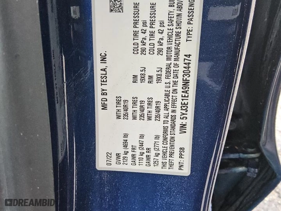 2022 Tesla Model 3 with VIN 5YJ3E1EA9NF304474, listed as a Copart auction lot 49303365 with 87876 miles and Salvage Title. Bid and sale history available at carsss.com. Image 12.