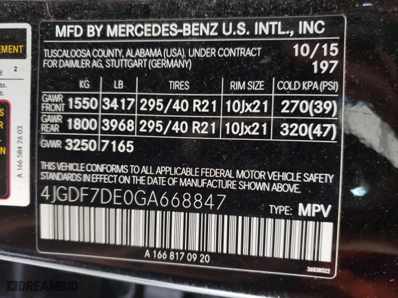 2016 Mercedes-Benz GL with VIN 4JGDF7DE0GA668847, listed as a Copart auction lot 62680973 with NaN miles. Bid and sale history available at carsss.com. Image 13.